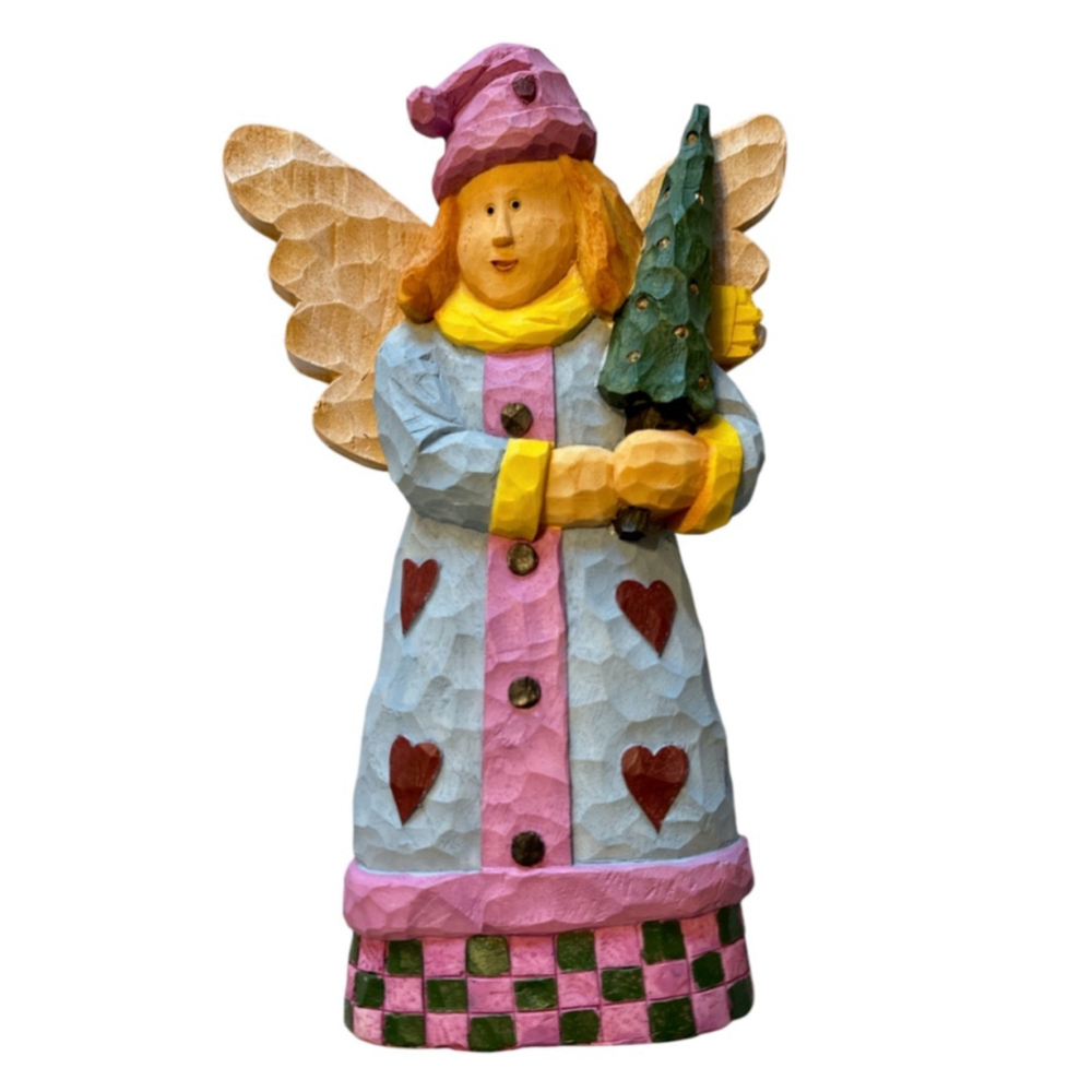 Wise City Tree Lady Angel Christmas Figurine Wood Hand Carved Holiday Decor